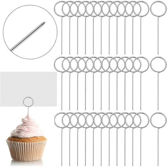 100 Pcs Floral Card Holder Picks 2.24 Inch Ring Loop Stainless Steel Pin Small Wire Photo Metal Clip Short Picture Name Place Card Cupcake Memo Note Holder Sticks for DIY Wedding Birthday Food