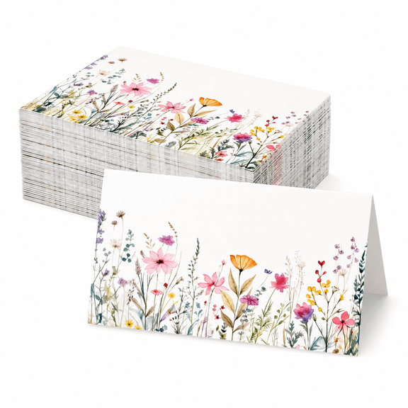 100 Pcs Floral Table Place Cards for Wedding Reception, 3.5x2 inch Blank Tented Name Cards for Party Banquet Dinner Table Setting Decor with Pink Chinoiserie Wildflower Design
