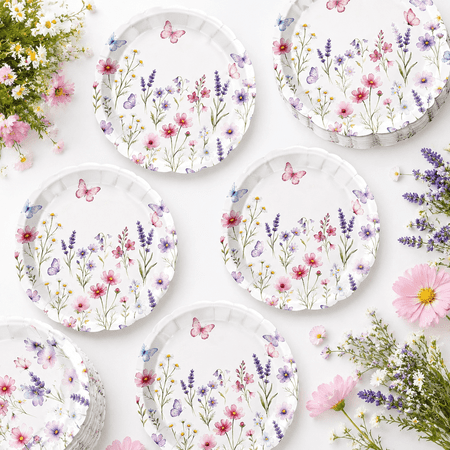 100 Pcs Flower Paper Plates, 7 Inch Disposable Wildflower Dinnerware for Wedding Bridal Shower Birthday Spring Party Supplies, Sturdy Floral Tableware Bulk for Events