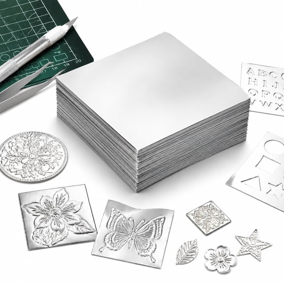 100 Pcs Foil Sheets Aluminum Sheet Metal, Thin Silver Foil Sheet for Adults, Pre Cut Embossed Paper Art Craft Crafts DIY Embossing Scrapbook Decor