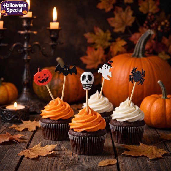 100 Pcs Food Grade Wooden Halloween Toothpicks, Pumpkin Skull Bat Ghost Spider Pattern Decorative Picks, Disposable Fruit Cocktail Skewers, Platter Decor for Halloween Party Catering Table