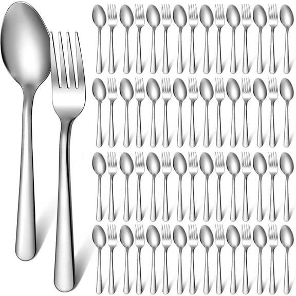 100 Pcs Forks and Spoons Silverware Set Bulk Stainless Steel Flatware Cutlery Set 6.7'' Kitchen Utensils for Home Restaurant 50 Dinner Fork, 50 Teaspoon, Mirror Polished, Dishwasher Safe