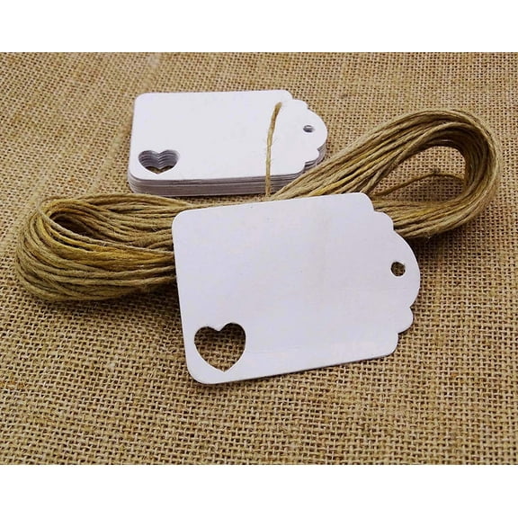 100 Pcs Gift Tags/ Hang Tags with Free Strings, Scalloped Tag Style Color Rectangular With Heart Punched