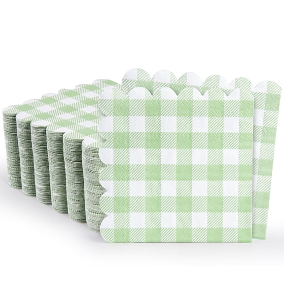 MyMealivos 100 Pcs Sage Green Gingham Napkins, 5 x 5 Inches Scalloped Napkins, Disposable Cocktail Napkins For Wedding Birthday Party Baby Shower Picnic