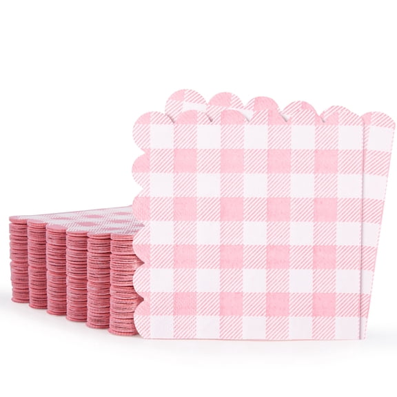 MyMealivos 100 Pcs Pink Gingham Napkins, 5 x 5 inches Scalloped Napkins, Disposable Cocktail Paper for Wedding Birthday Party Baby Shower Picnic