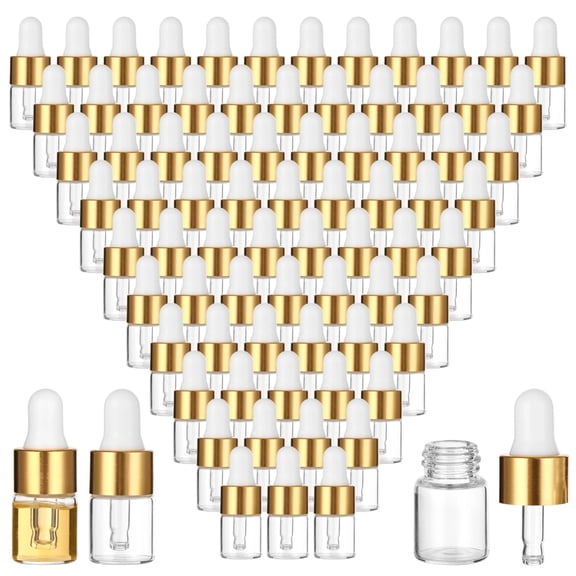 100 Pcs Glass Dropper Bottles, 2 ml/0.07 oz Clear Essential Oil Bottles, Mini Empty Sample Containers with Gold Cap, Portable Sample Vials for Travel, DIY