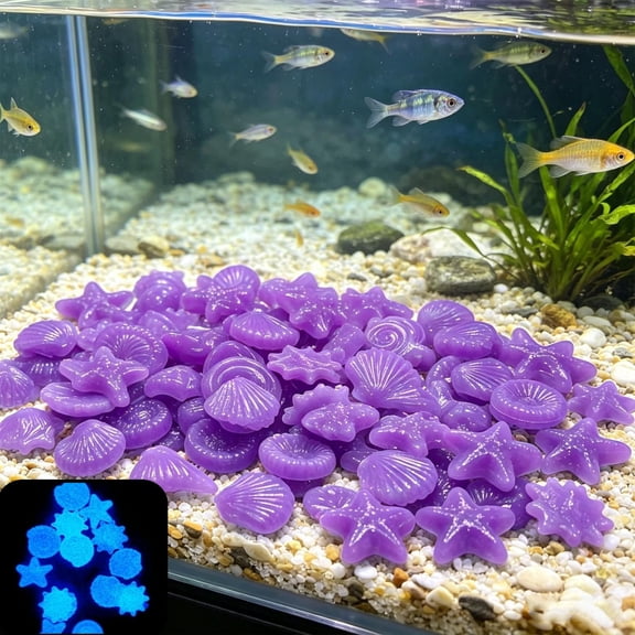 100 Pcs Glow in The Dark Rocks Aquarium Glow Starfish Shells Stones, Luminous Aquarium Decor Stones for Fish Tank Freshwater Saltwater, 0.6 Inch Glow Pebbles for Fairy Garden,Yard,Bonsai,DIY Crafts