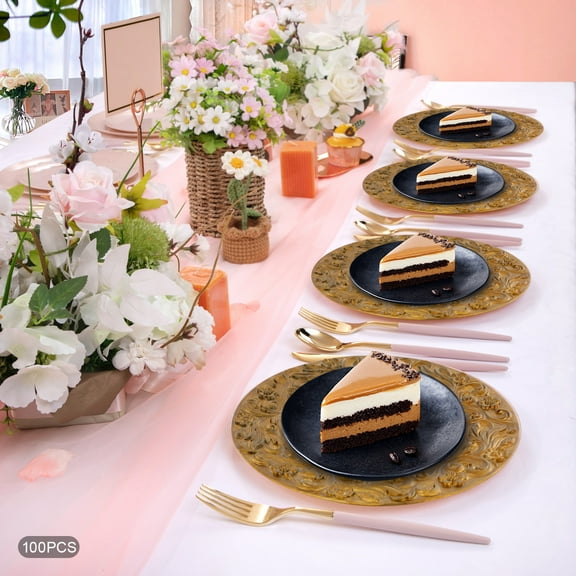 100 Pcs Gold Antique Charger Plates Plastic 13inch Decorative Chargers for Birthday Parties Weddings Banquets Baby Showers