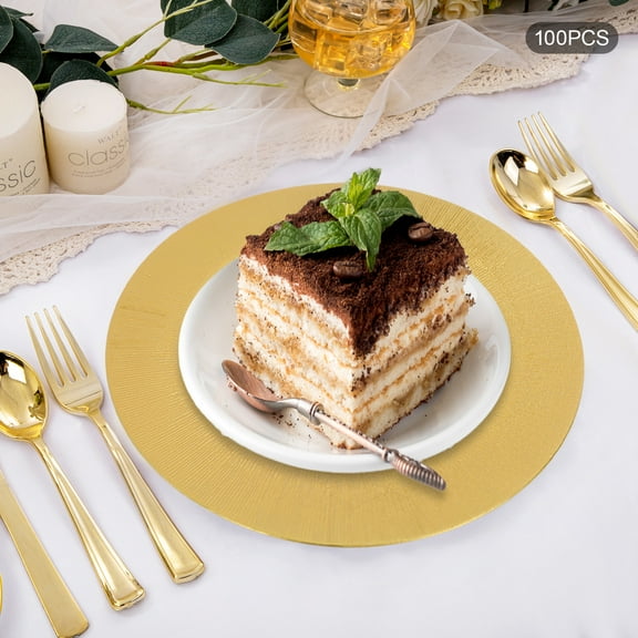 100 Pcs Gold Charger Plates, 13 Inch Bulk Round Charger Plates Plastic Wedding Dinner Elegant Reusable for Table Setting Wedding Party Event Tabletop Setting Decor