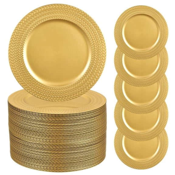 100 Pcs Gold Charger Plates Bulk, 13 Inch Round Plastic Embossed Chargers, Floral Dinner Plates for Wedding Party Table Decor(A)