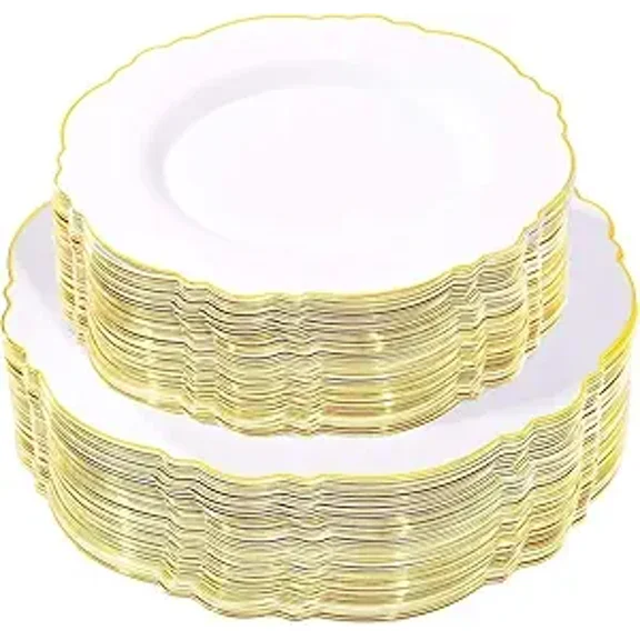 100 Pcs Gold Plastic Plates 10 Inch Heavy Duty Disposable Party Wedding Birthday Plates