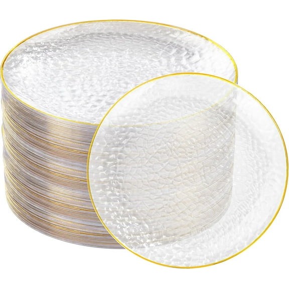 100 Pcs Gold Plastic Plates, 10 inch Clear Gold Dinner Plates, Hammer Pattern Design, Fancy Disposable Plate, Heavy Duty Party Plate Ideal for Party