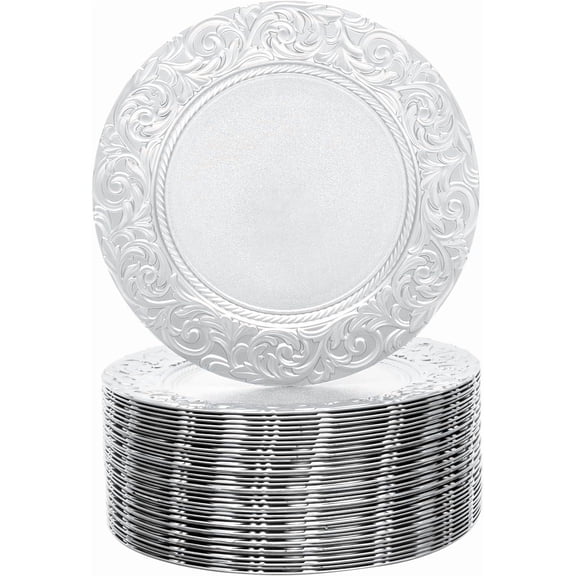 100 Pcs Gold Round Charger Plates Bulk, 13" Chargers, Plastic Embossed Dinner Plate, Perfect for Table Dinner Kitchen Party Decoration (Sliver)