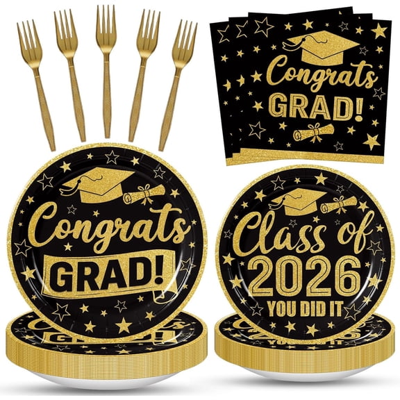 100 Pcs Graduation Party Supplies Set, Serves 25 – Disposable Black and Gold Graduation Paper Plates, Napkins, and Forks, Congrats Grad Dinnerware for Class of 2026, Prom Party Decorations