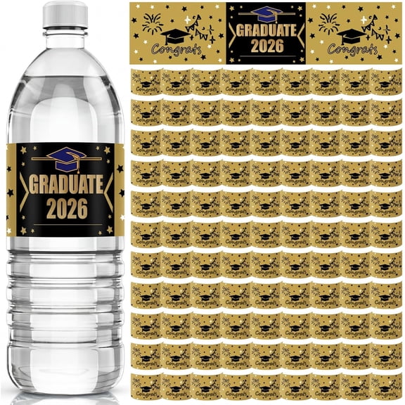 100 Pcs Graduation Water Bottle Labels Class of 2026 Graduation Water Bottle Decorations Stickers Personalized Party Favors Wrappers for School Students Party Supplies(Black, Gold, White)