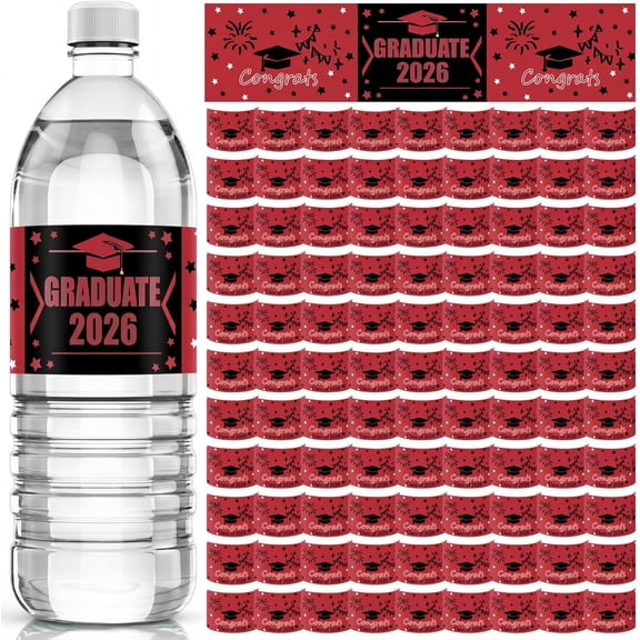 100 Pcs Graduation Water Bottle Labels Class of 2026 Graduation Water Bottle Decorations Stickers Personalized Party Favors Wrappers for School Students Party Supplies(Red, Black, White)