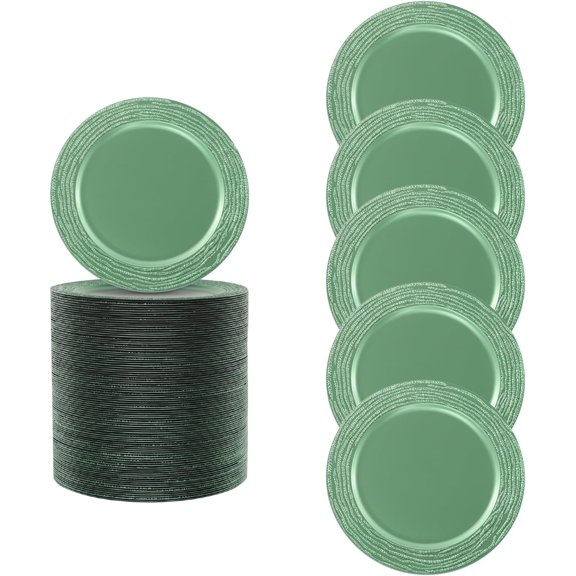 100 Pcs Green Charger Plates Bulk, 13 Inch Antique Plastic Round Chargers Set, Textured Decorative Dinner Plates for Wedding Party Banquet Event Festival Table Decoration (Green)$$