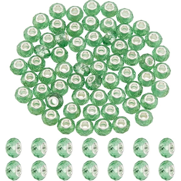 100 Pcs Green Color Crystal Glass Charms Faceted Lampwork Beads Large Hole European Charms Beads fit Bracelet Jewelry Making