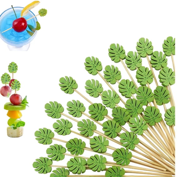 100 Pcs Green Monstera Leaf Cocktail Picks, For Appetizers Summer Cocktail Skewers Disposable Fancy Bamboo Food Sticks for Summer Spring Holiday Birthday Party Decoration(5.1 in)