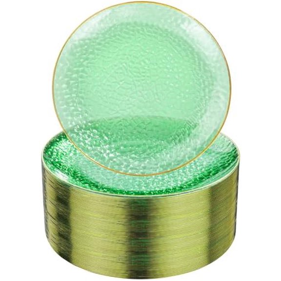 100 Pcs Green Plastic Dinner Plates, 10 inch Clear Green Dinner Plates with Gold Rim, Hammer Pattern Design, Fancy Disposable Platos, Heavy Duty Party Platos for Party