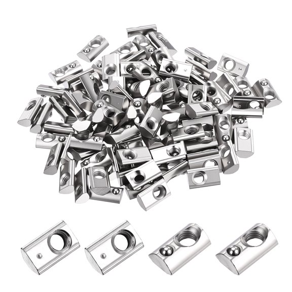 100 Pcs Half Round T Spring Nut - [M5-0.8] 2020 Series Roll in Spring Ball Loaded Elastic Nuts Nickel Plated Carbon Steel for Aluminum Extrusion Profile, Silver