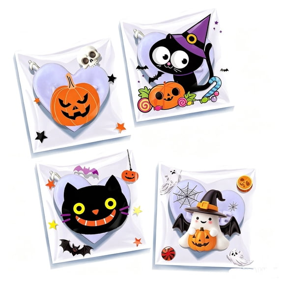 100 Pcs Halloween Self-Adhesive Treat Candy Bags,OPP Plastic Baking Pouches with Pumpkin Ghost Skull Witch Hat Prints for Cookies,Nougat,Party Favors