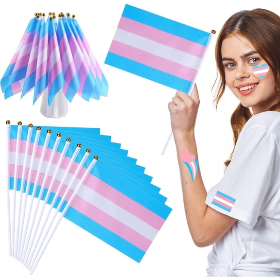 100 Pcs Handheld Transgender Flag Mini Rainbow Trans Pride Flag on Sticks for LGBT Pride Rainbow Party Festival Decorations Transgender Parades, 5 x 8 Inch
