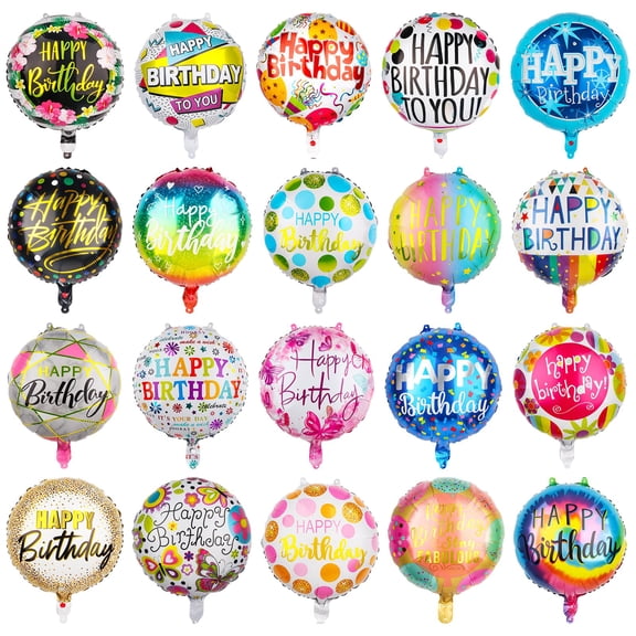 100 Pcs Happy Birthday Aluminum Foil KKS1Balloons for Birthday Party Decoration Supplies, 18 Inches Round Helium Floating Mylar Balloon (20 Patterns)