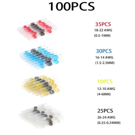 100 Pcs Heat Shrink Wire Connectors, Solder Seal Butt Connectors Kit Waterproof Marine Electrical Splice Terminals
