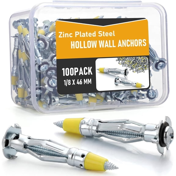 100 Pcs Heavy Duty 1/8 x 46 mm Zinc Plated Steel Molly Bolt Drive Hollow Wall Anchors Screws with Box for Drywall, Molly Bolt Drive Fasteners Kits for Drywalls, Various Materials