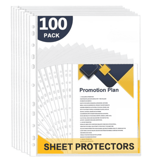 100 Pcs Plastic Page Protectors Sheet Reinforced 11-Hole Fit for 3 Ring ...