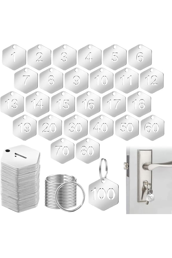 100 Pcs Hollowed Stainless Steel Number Tags Numbered Key Tags with Rings Hexagon Metal Key ID Tag with Numbers 1-100 for Dormitory Keys House Lockers (Hexagon)
