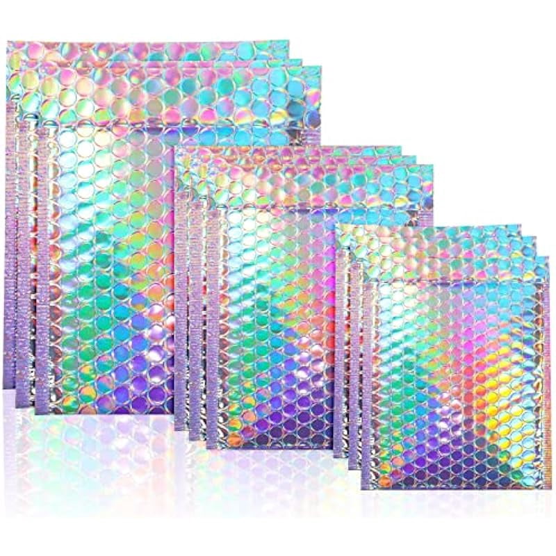 100 Pcs Holographic Bubble Mailers Set, Including 20 Pcs 9.8 x 7.9 in, 30 Pcs 5.9 x 7.9 in, 50 Pcs 5.1 x 5.9 in Metallic Bubble Mailers, Self Seal Shipping Bags for Small Business