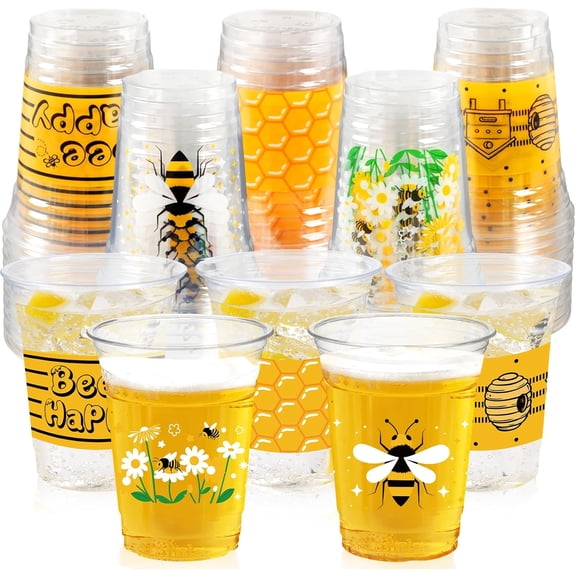 100 Pcs Honey Bee Party Decoration Cups, 12 oz Clear Disposable Drinking Honey Cups, First Bee Day Theme Summer Party Decorations Favors for Home, Kitchen, Baby Shower