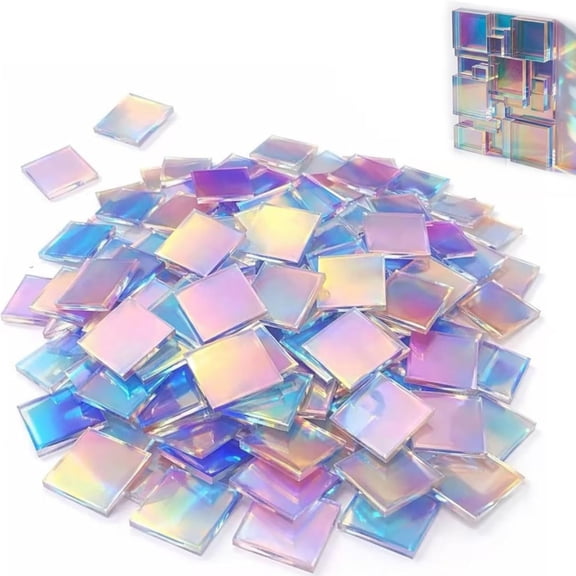 100 Pcs Iridescent Acrylic Squares, Boriyuan Mini Rainbow Holographic Mosaic Tiles for DIY Crafts, Mosaic Art, Light & Shadow Projects, Home Decoration (0.79" 0.79")