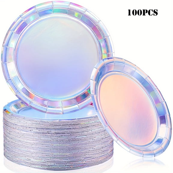100 Pcs Iridescent Paper Plates 9 Inch Disposable Holographic Party Plates Round Dessert Appetizer Plates for Birthday Party Wedding Celebration Tableware Supplies
