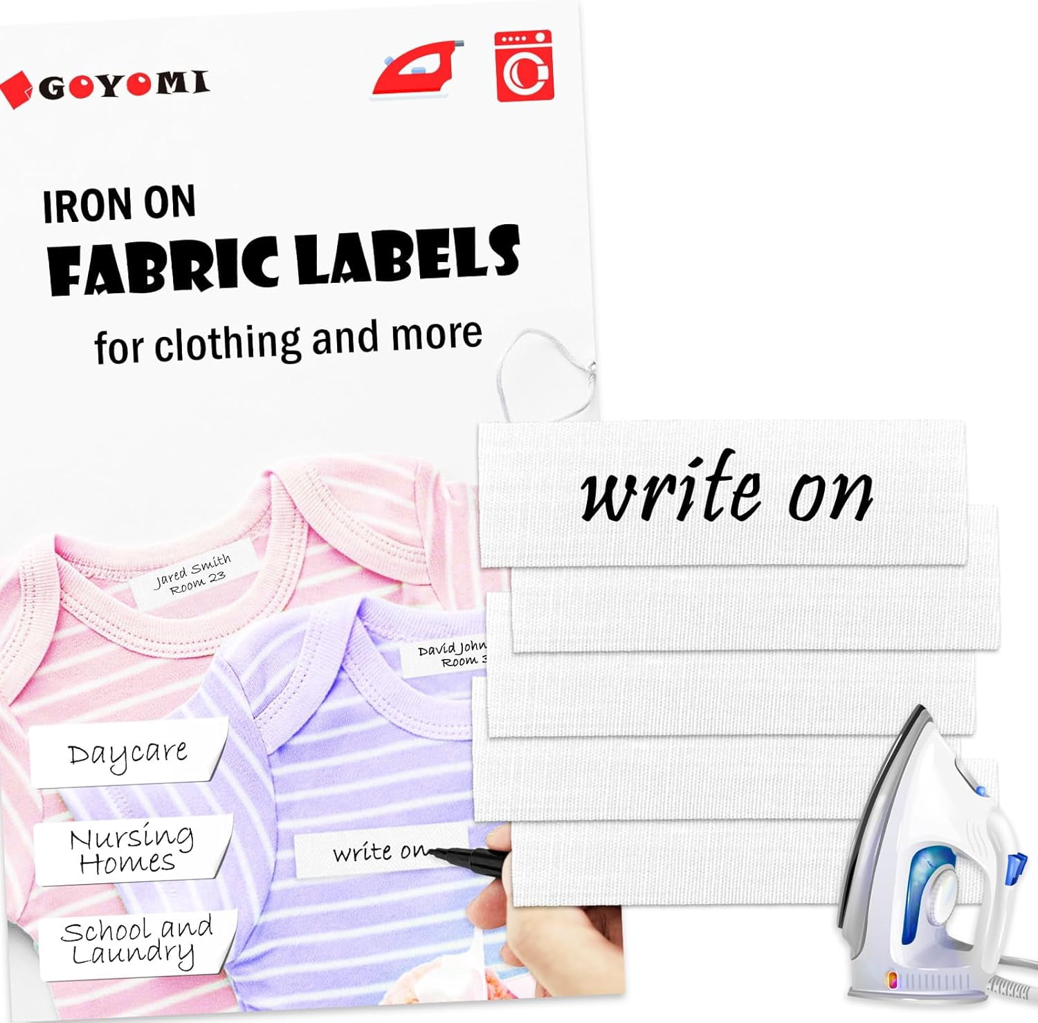 100 Pcs Iron on Fabric Labels, Writable Iron on Clothing Labels, Name Tags for Daycare, Nursing Home, Camp, School, Laundry, Organizing, Washer & Dryer Safe$$Office