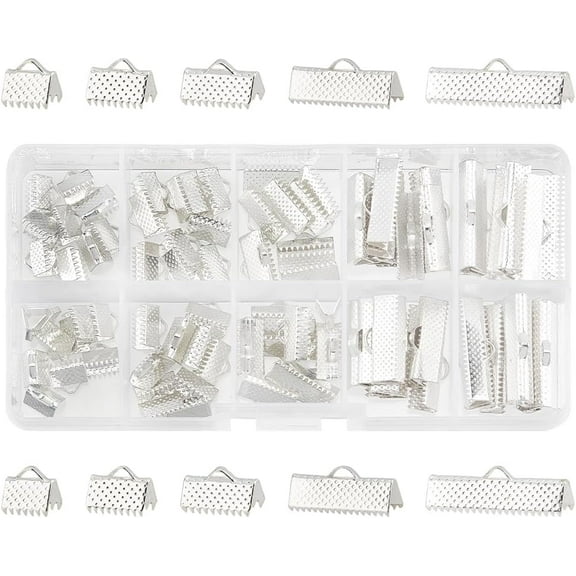 About 100 Pcs Iron Ribbon Bracelet Bookmark Pinch Crimp Clamp End Findings Cord Ends Fasteners Clasp Leather Crimp Ends 5 Sizes Length 8-25mm for Jewelry Making Silver