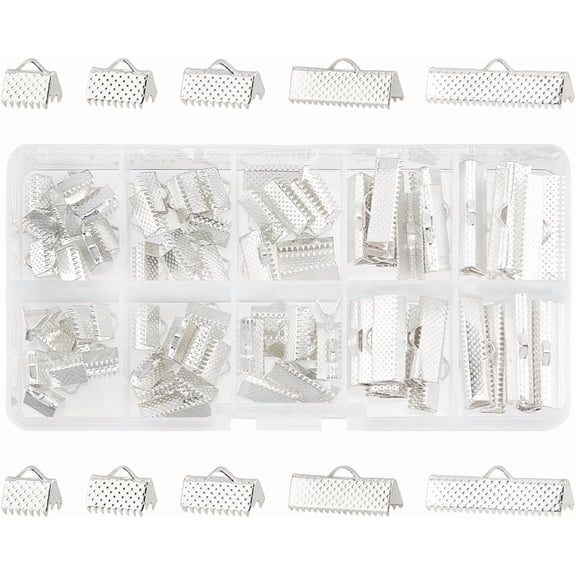 100 Pcs Iron Ribbon Bracelet Bookmark Pinch Crimp Clamp End Findings Cord Ends Fasteners Clasp Leather Crimp Ends 5 Sizes Length 8-25mm for Jewelry Making Silver