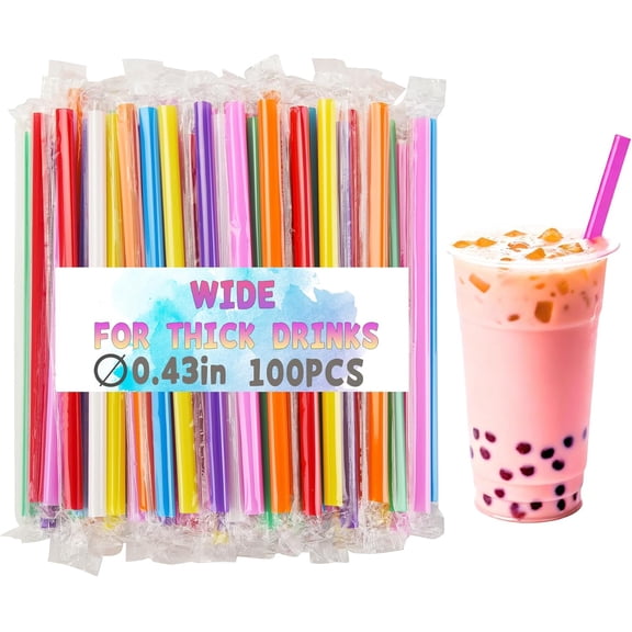 100 Pcs Jumbo Smoothie Boba Straws, Colorful Disposable Plastic Straws, Wide-Mouthed Milkshake Straw, Individually Wrapped Straw for Bubble Tea & Thick Beverages, Parties(0.43" Wide X 9.53" Long)