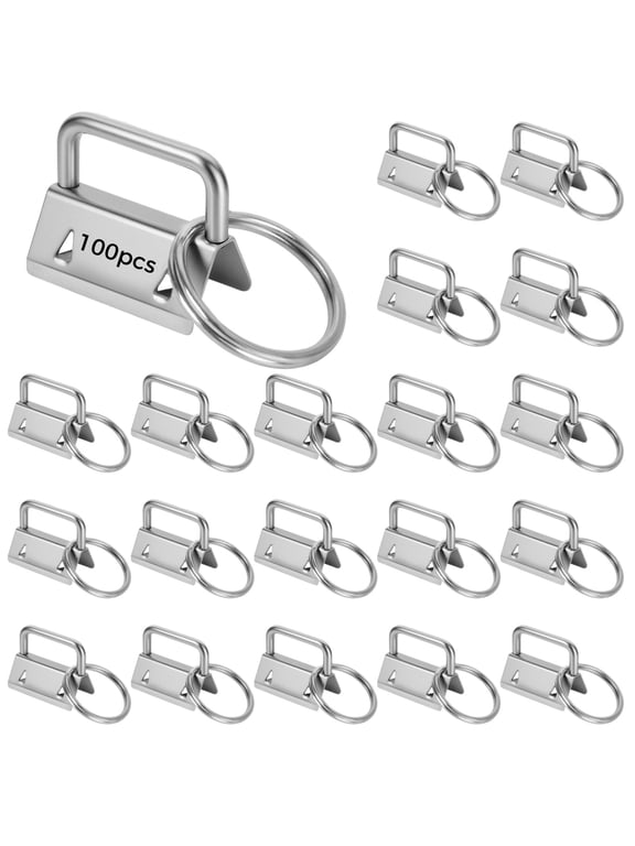 100 Pcs Key Fob Hardware, 1 Inch Metal Key Chain Wristlet Hardware with Split Ring, Silver Metal Key Fob Clips for Lanyard Making, DIY Wristlet Hardware with Keyring for Webbing, Ribbon