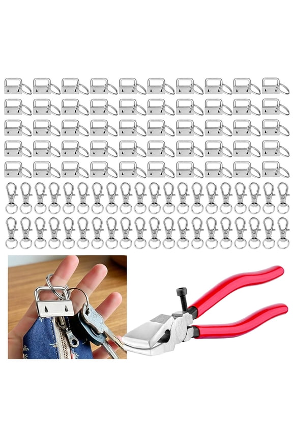 100 Pcs Key Fob Hardware Kit with Pliers, Silver Metal Key Rings & Clips, Heavy-Duty Alloy Hardware Set for DIY Keychains Wristlets Lanyards