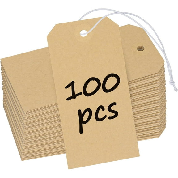 100 Pcs Kraft Blank Shipping Tags with Elastic String Attached Hanging Paper Tags with Reinforced Eyelet Large Marking Price Tag Inventory Label Tag, 4.7" x 2 3/8"