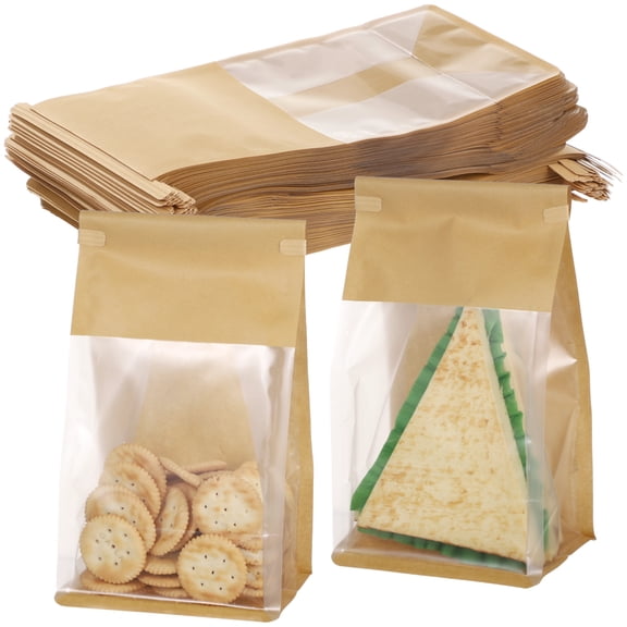 100 Pcs Kraft Paper Bread Loaf Bags with Window, Tin Tie Tab Lock Bakery Packaging for Bread, Pastries, Cookies, Versatile Food Storage and Gifting