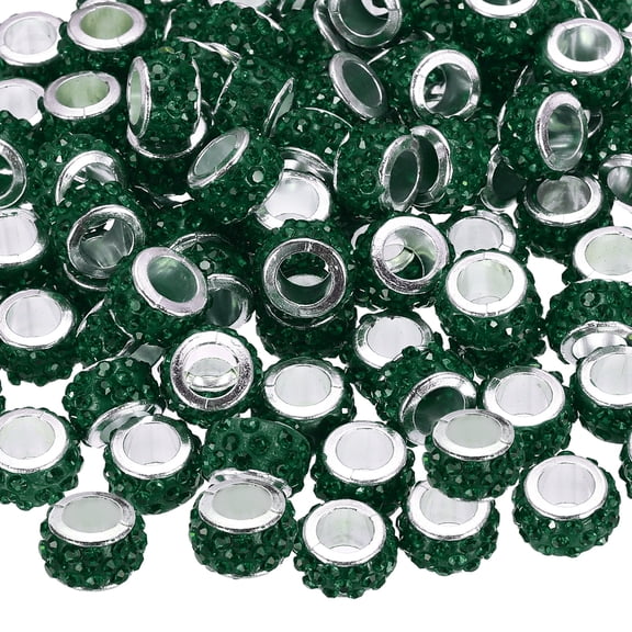 100 Pcs Large Hole Bead, 12mm Rhinestone European Beads for Bracelet Jewelry Making, Pen Crafts (Dark Green)