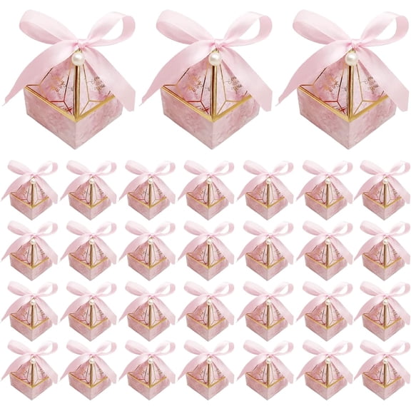 100 Pcs LaserCut Favor Gift Boxes with Ribbons & Pearls, 2.762.763.54 in Foldable Thick Paper Keepsake Boxes for Wedding Bridal Shower Graduation Party Souvenirs