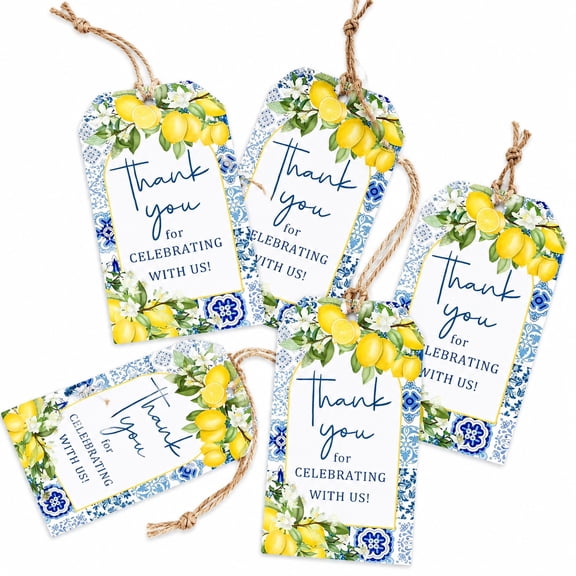 100 Pcs Lemon Thank You Tags with Twine, Vintage Lemon Gift Tags with Blue Tile Floral Design, Spring Party Favor Tags for Gift Bags Wedding Decorations Thank You Cards for Celebration Gifts