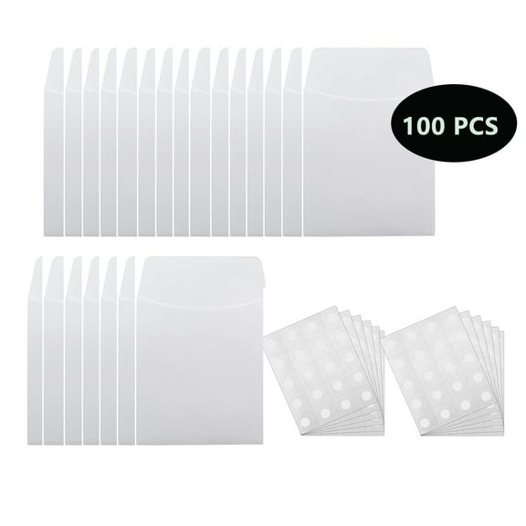 100 Pcs Library Card Envelopes Colorful Small Pockets Envelope with 5 Sheets Removable Adhesive Dots for School Office (White)