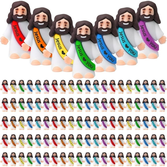 100 Pcs Little Jesus Figures Jesus Loves You Design Rubber Pocket Toys Little Figures to Hide and Seek Sunday School Religious Party Share Gifts