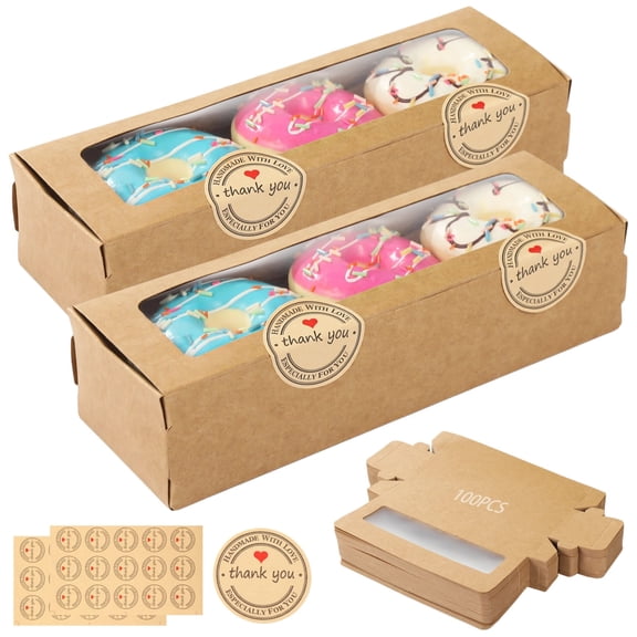 100 Pcs Macaron Boxes with Window, Kraft Paper Flip-Top Bakery Gift Boxes for Cookies, Chocolates and Desserts, Includes 200 Sealing Stickers